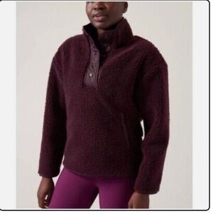 Athleta Cozy Sherpa Snap Sweatshirt Pullover Fuzzy Oversized Cabernet XS NWOT